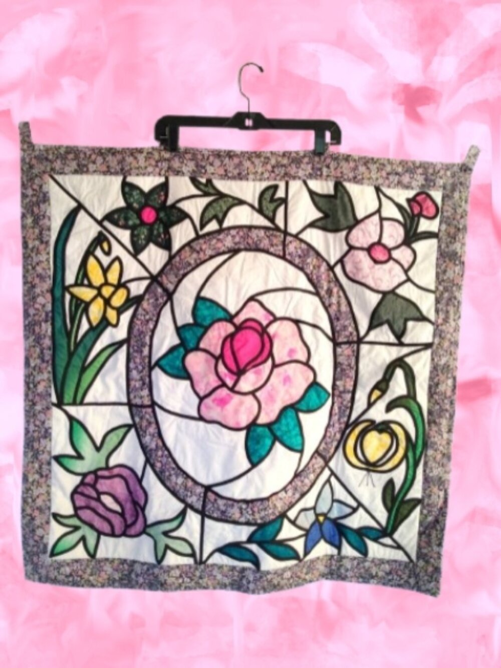 Stained Glass Floral Quilt Wall Hanging 34x35" Cottagecore Decor Shabby Chic